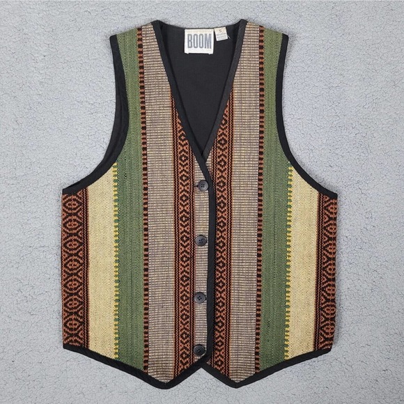 Boom Jackets & Blazers - [SOLD]BOOM Vest W Black Small Hippy Earthy Stripes Boho Vintage Textured Tribal